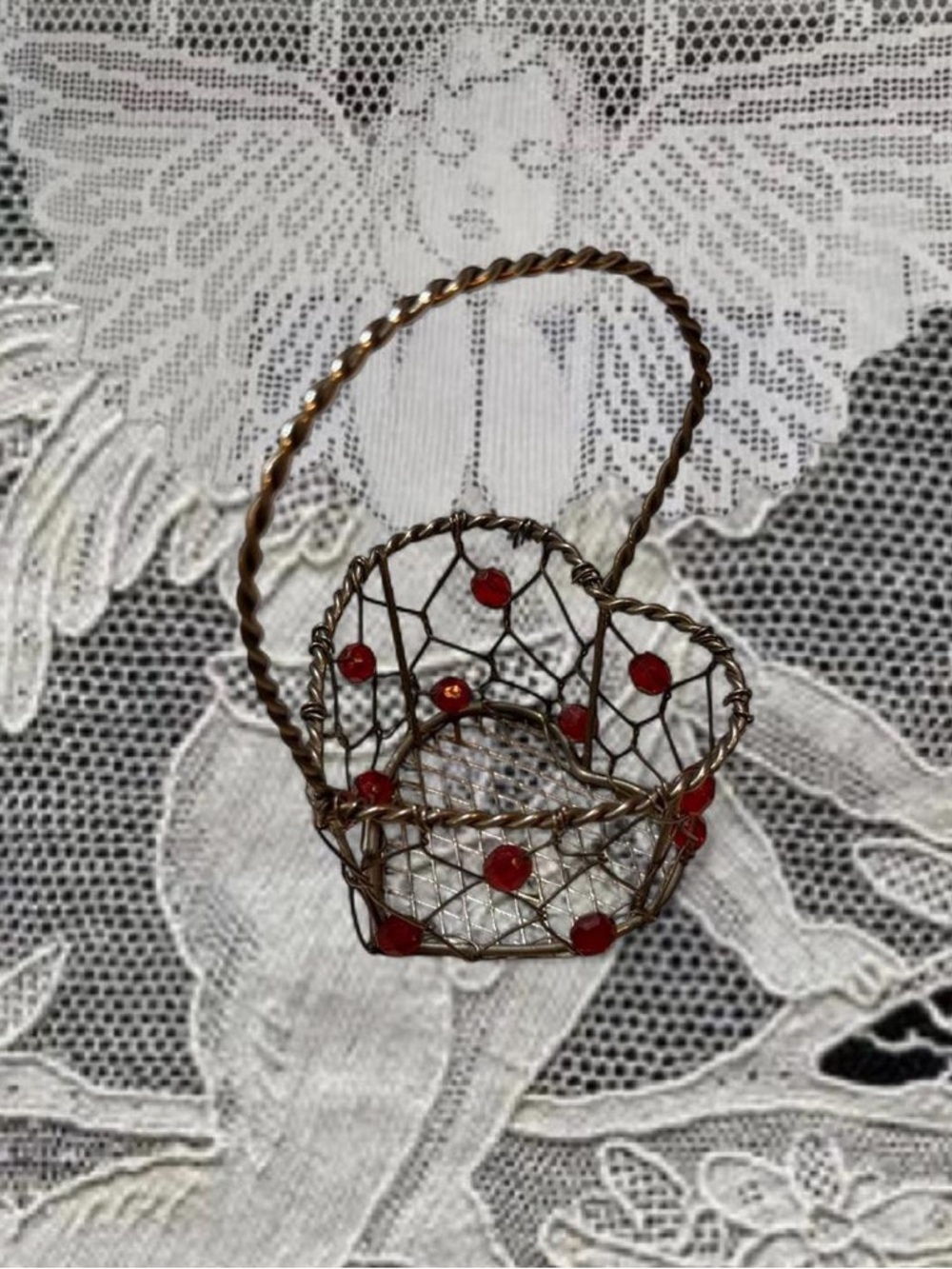Vintage Whimsygoth Fairycore Heart Shaped Beaded Wire Basket